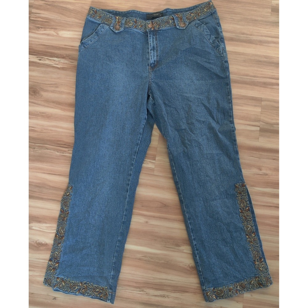 Venezia Floral Embroidered Straight Leg‎ Jeans Blue Denim Size 24 NWT Side Slits